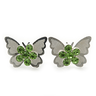 Teen Rhodium Plated Light Green Crystal 'Butterfly' Stud Earrings - 15mm Width