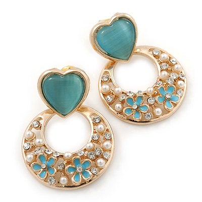 Light Blue Heart & Flower Diamante Hoop Earring In Gold Plating - 30mm Length - main view
