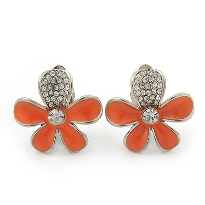 Coral Enamel Diamante 'Daisy' Clip On Earrings In Rhodium Plating - 25mm Diameter