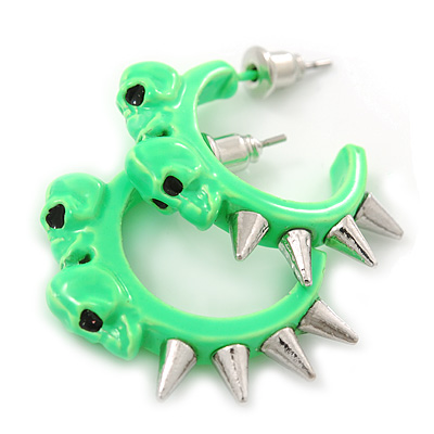 Teen Skulls and Spikes Small Hoop Earrings in Neon Green (Silver Tone) - 30mm Width - main view