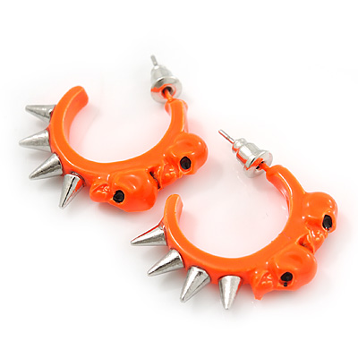 Teen Skulls and Spikes Small Hoop Earrings in Neon Orange (Silver Tone) - 30mm Width - main view