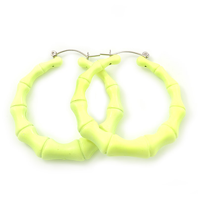 Medium Sized Bamboo Textured Doorknocker Hoop Earrings in Neon Yellow - 5cm Diameter - main view