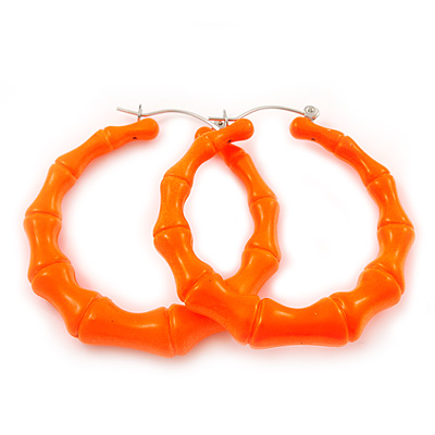 Medium Sized Bamboo Textured Doorknocker Hoop Earrings in Neon Orange - 5cm Diameter