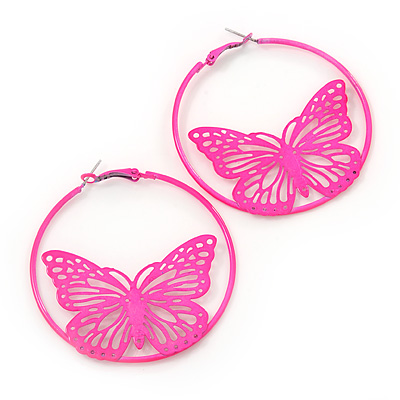 Neon Pink Filigree Butterfly Metal Hoop Earrings - 6cm Diameter - main view