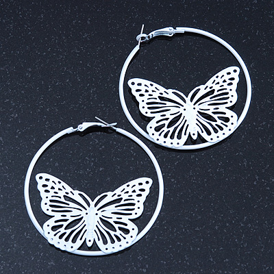 White Filigree Butterfly Metal Hoop Earrings - 6cm Diameter - main view