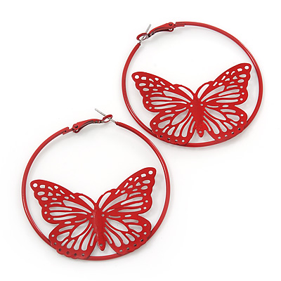 Red Filigree Butterfly Metal Hoop Earrings - 6cm Diameter