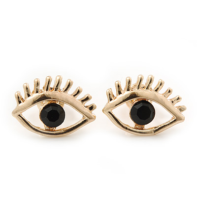 Teen Gold Plated 'Eyes' With Black Crystal Stud Earrings - 14mm Width - main view
