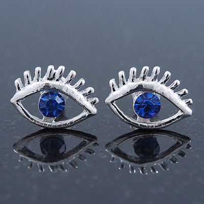 Teen Rhodium Plated 'Eyes' With Blue Crystal Stud Earrings - 14mm Width - main view