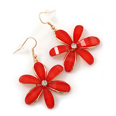 Red Acrylic 'Daisy' Drop Earrings In Gold Plating - 50mm Length - main view