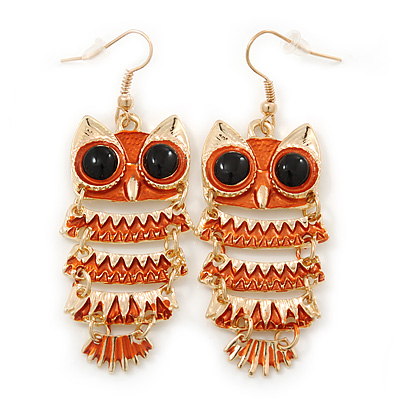 Orange Enamel 'Owl' Drop Earrings In Gold Plating - 7cm Length - main view