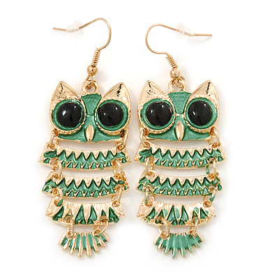 Light Green Enamel 'Owl' Drop Earrings In Gold Plating - 7cm Length - main view