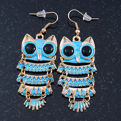 Light Blue Enamel 'Owl' Drop Earrings In Gold Plating - 7cm Length - main view