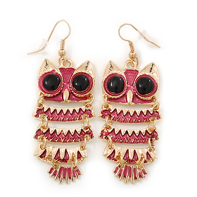 Magenta Enamel 'Owl' Drop Earrings In Gold Plating - 7cm Length - main view