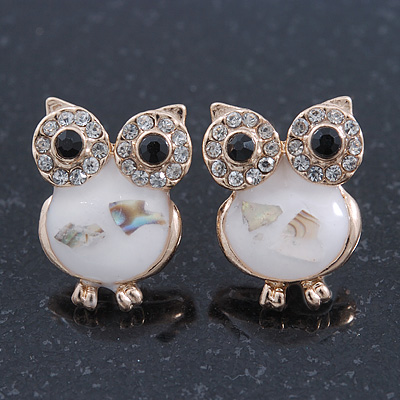 Funky White Enamel Crystal 'Owl' Stud Earrings In Gold Plating - 18mm Length