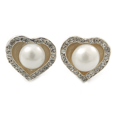 Classic Simulated Pearl Crystal Heart Stud Earrings In Silver Tone - 15mm Width - main view