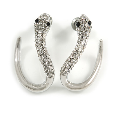 Sleek Diamante 'Snake' Stud Earrings In Rhodium Plating - 25mm Length - main view