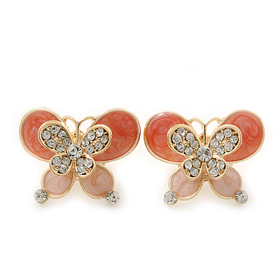 Coral/ Pink Enamel Diamante Double Butterfly Stud Earrings In Gold Plating - 25mm Width