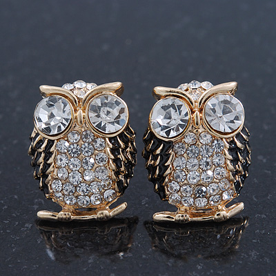 Clear Crystal Black Enamel 'Owl' Stud Earrings In Gold Plating - 18mm Length - main view