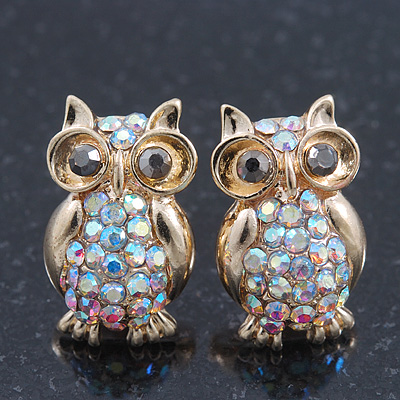 Small AB Crystal 'Owl' Stud Earrings In Gold Plating - 18mm Length - main view