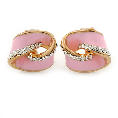 Baby Pink Enamel, Crystal Knot Clip On Earrings In Gold Tone - 15mm L - main view