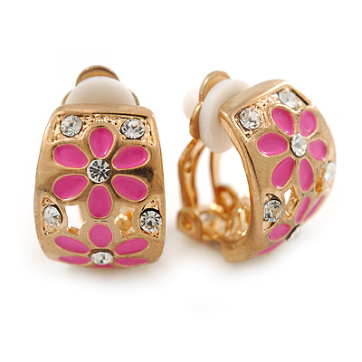 C-shape Crystal, Pink Enamel Floral Clip On Earrings In Gold Tone - 16mm L - main view