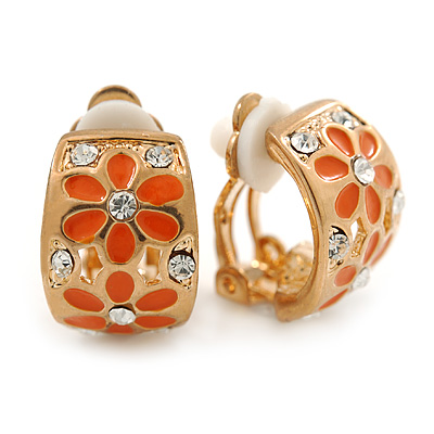 C-shape Crystal, Orange Enamel Floral Clip On Earrings In Gold Tone - 16mm L - main view