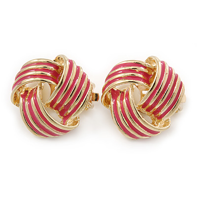 Gold Tone Pink Enamel 'Knot' Clip On Earrings - 18mm D - main view