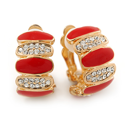 Gold Plated Red Enamel Crystal C Shape Clip On Earrings - 20mm Length - main view