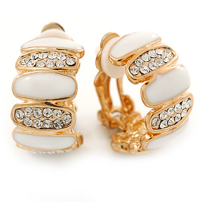 Gold Plated White Enamel Crystal C Shape Clip On Earrings - 20mm Length - main view