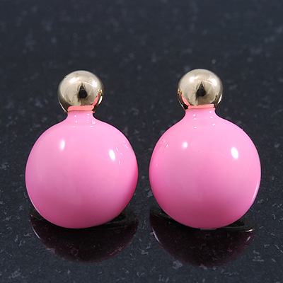 Teen Baby Pink Enamel Dome Shaped Stud Earrings In Gold Plating - 20mm Length - main view
