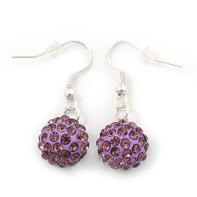Purple/ Lavender Crystal 'Ball' Drop Earrings In Silver Plating - 35mm Length