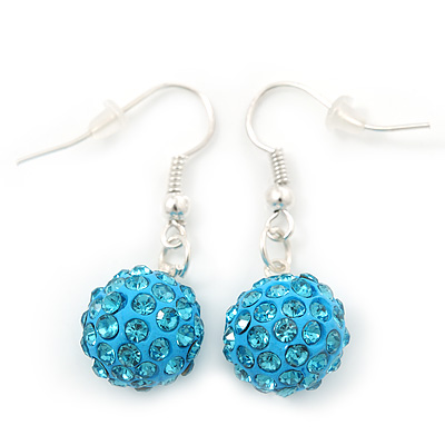 Light Blue Crystal 'Ball' Drop Earrings In Silver Plating - 35mm Length - main view