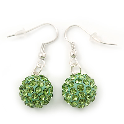 Light Green Crystal 'Ball' Drop Earrings In Silver Plating - 35mm Length - main view