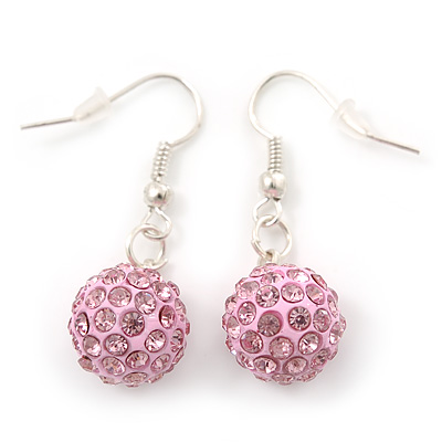 Light Pink Crystal 'Ball' Drop Earrings In Silver Plating - 35mm Length - main view