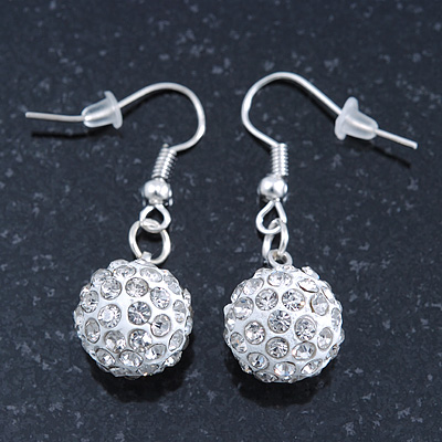 White Crystal 'Ball' Drop Earrings In Silver Plating - 35mm Length - main view