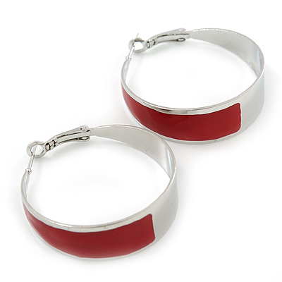 Medium Wide Red Enamel Hoop Earrings In Rhodium Plating - 40mm Diameter - main view