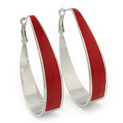 Rhodium Plated Red Enamel Oval Hoop Earrings - 7.5cm Long - main view