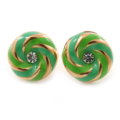 Light Green Enamel, Diamante 'Candy' Stud Earrings In Gold Plating - 13mm Diameter - main view