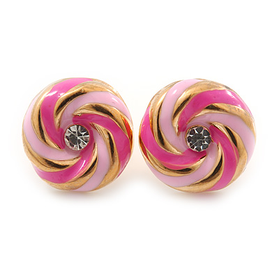 Light Pink/ Deep Pink Enamel, Diamante 'Candy' Stud Earrings In Gold Plating - 13mm Diameter - main view