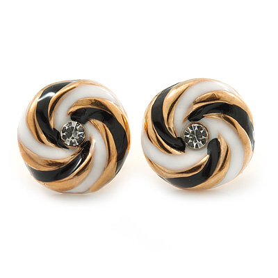 Black/ White Enamel, Diamante 'Candy' Stud Earrings In Gold Plating - 13mm Diameter - main view