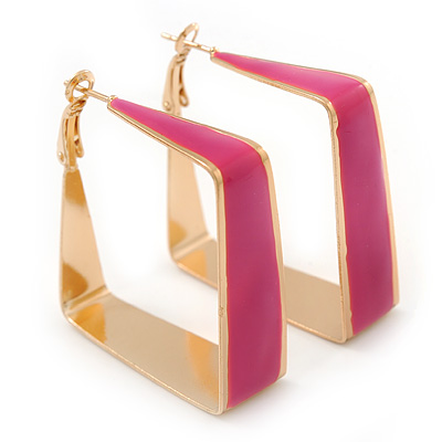 Contemporary Square Fuchsia Enamel Hoop Earrings In Gold Plating - 40mm Width - main view