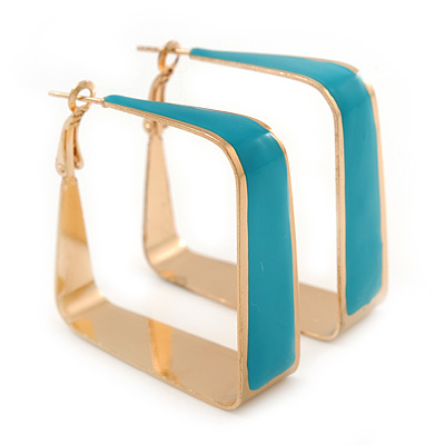 Contemporary Square Teal Enamel Hoop Earrings In Gold Plating - 40mm Width - main view