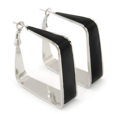 Contemporary Square Black Enamel Hoop Earrings In Rhodium Plating - 50mm Width - main view