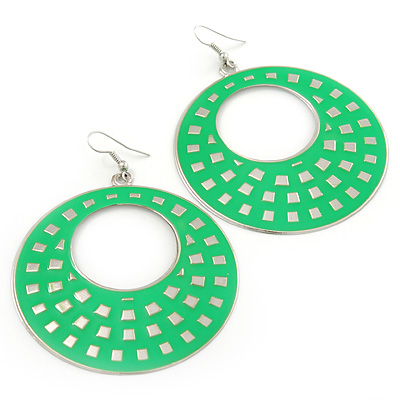 Large Lightweight Bright Green Enamel Hoop Earrings In Rhodium Plating - 8cm Drop - main view
