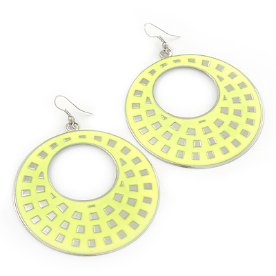 Large Lightweight Neon Yellow Enamel Hoop Earrings In Rhodium Plating - 8cm Drop - main view