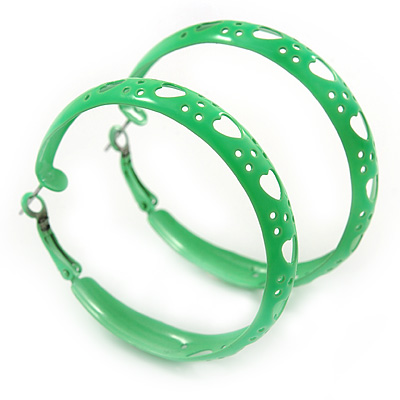 Medium Neon Green Enamel Cut Out Heart Hoop Earrings - 50mm Diameter