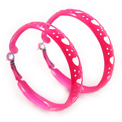 Medium Neon Pink Enamel Cut Out Heart Hoop Earrings - 50mm Diameter - main view