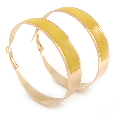 Large Wide Yellow Enamel Hoop Earrings In Gold Plating - 60mm Diameter - main view
