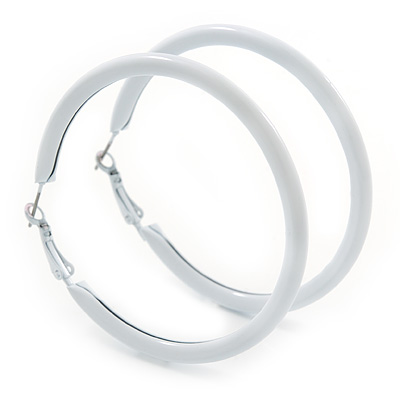 Large White Enamel Hoop Earrings In Silver Tone - 60mm Diameter