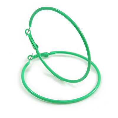 Large Lime Green Enamel Hoop Earrings In Silver Tone - 60mm Diameter